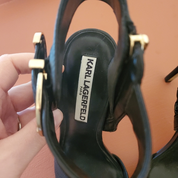 Karl Lagerfeld Paris Black Leather Peep Toe Heel - Picture 5 of 9